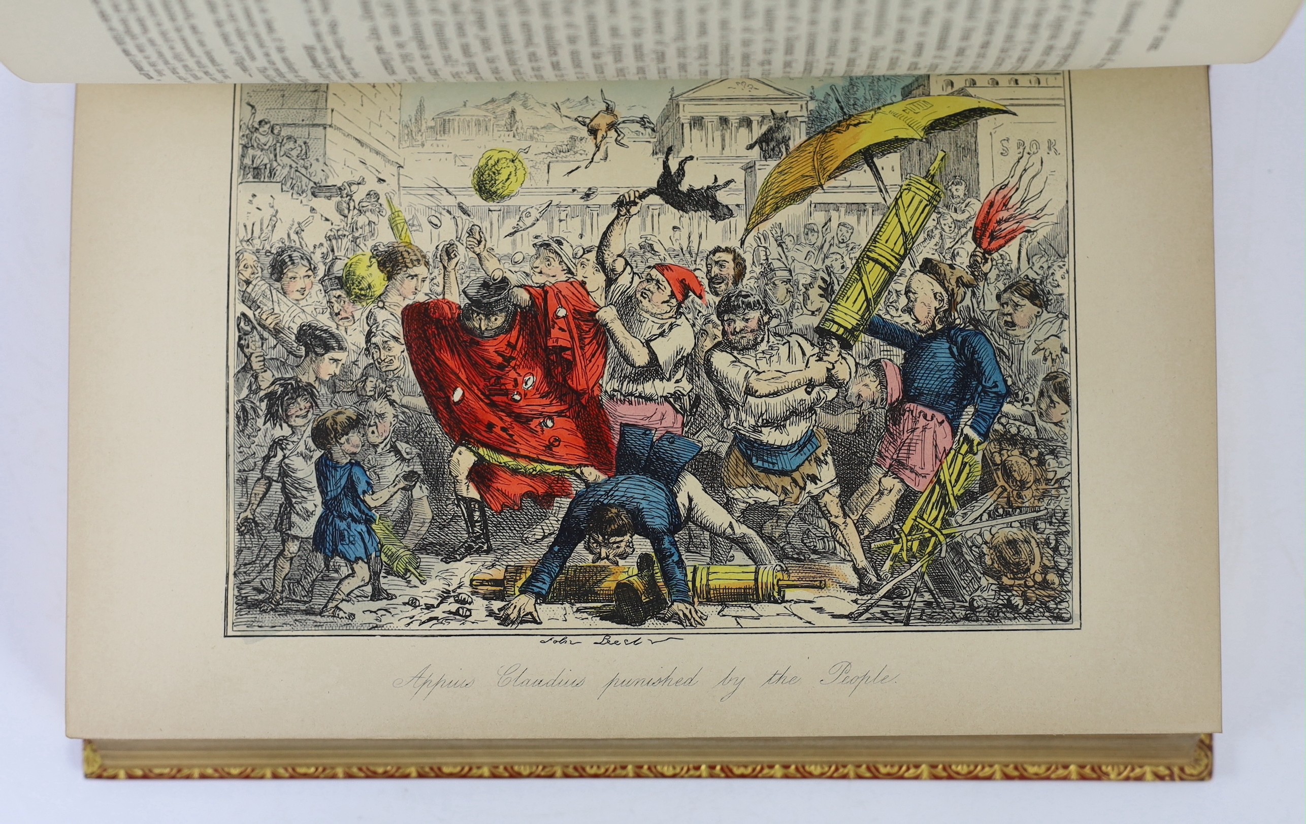 A’ Beckett, Gilbert Abbott - The Comic History of Rome, illustrated by John Leech, 8vo, red straight grained morocco gilt, with 10 hand-coloured plates, Bradbury, Agnew & Co., London, c.1880, uniformly bound with The Com